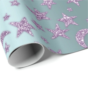 Papier Cadeau Stars Lune Lavande Étincelante Violette Violet Aqu