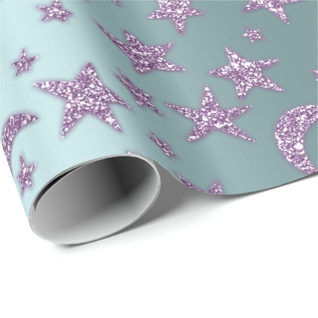 Papier Cadeau Stars Lune Lavande Étincelante Violette Violet Aqu (Coin rond)