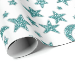 Papier Cadeau Stars Lune Turquoise étincelant Aqua Bleu Blanc