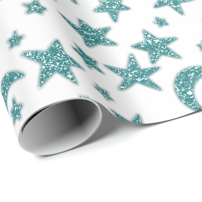 Papier Cadeau Stars Lune Turquoise étincelant Aqua Bleu Blanc (Coin rond)