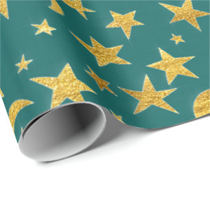 Papier Cadeau Stars Moon Black Sky Gold Turquoise Aquatique