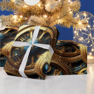 Papier Cadeau Steampunk Horkwork Or et Turquoise