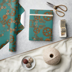 Papier Cadeau Steampunk Verdigris Rousty Gears Motif