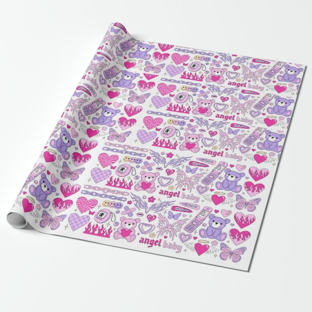 Papier Cadeau stickers rose glamour dans emo goth tendance 2000s (Déroulé)