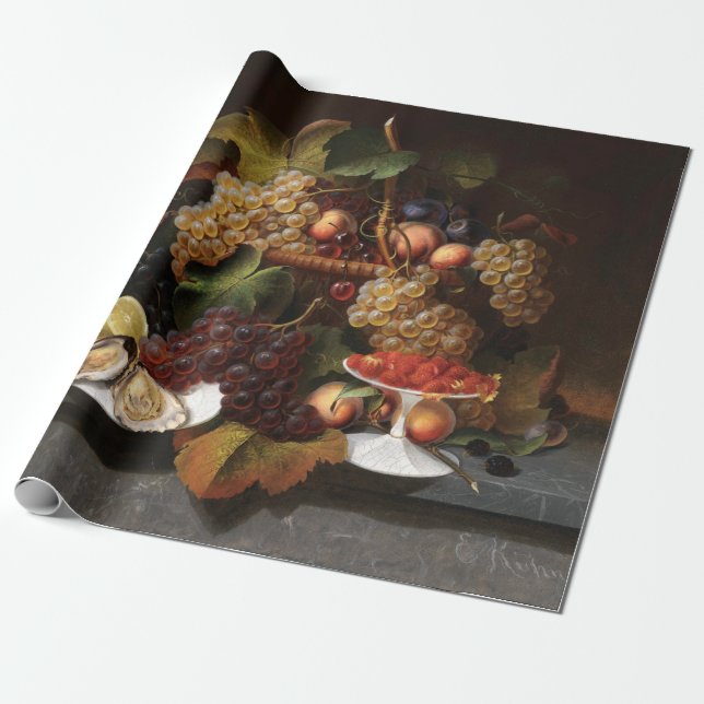 Papier Cadeau Still Life avec fruits, huîtres et peinture à vin (Déroulé)
