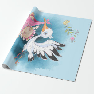 Papier Cadeau Stork Mouches Avec Bébé Girl Cadeau pour bébé