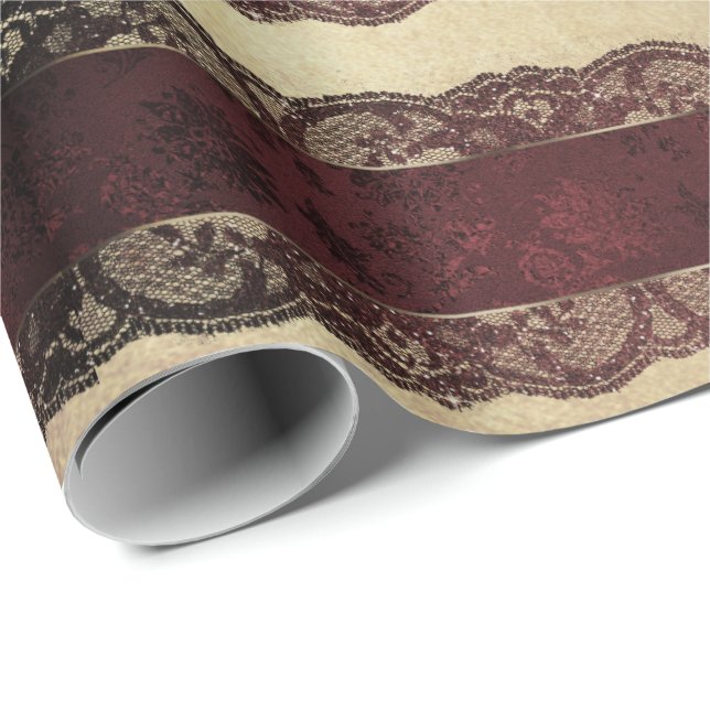 Papier Cadeau Stripes Gold Red Burgundy Lace Maroon Royal (Coin rond)