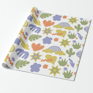 Papier Cadeau Style bleu vert et orange dessiné à la main en Bab