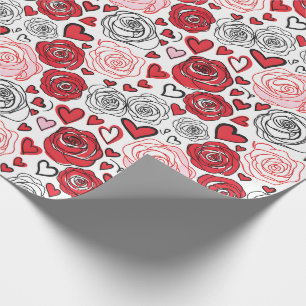 Papier Cadeau Style d'art gribouillé Roses rouges roses cœurs Sa