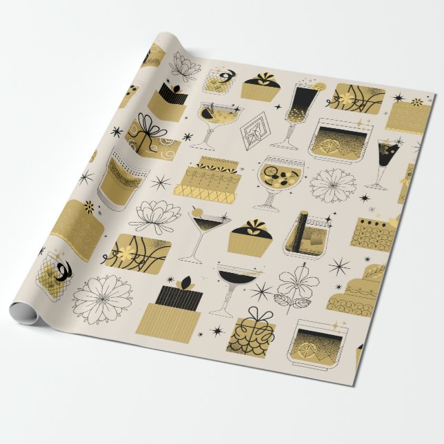 Papier Cadeau Style géométrique jaune or noir à l'anniversaire (Déroulé)