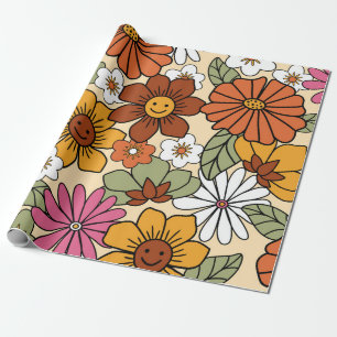 Papier Cadeau Style les années 70 coloré style rétro motif flora