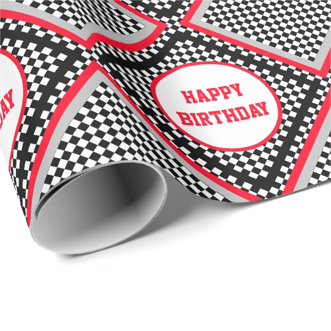 Papier Cadeau Style Motorsport Thème noir et blanc chèque (Coin rond)