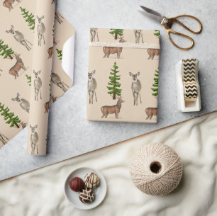 Papier Cadeau Style Rustique Motif Cerf et Sapin 