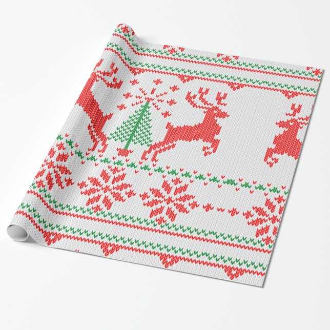 Papier Cadeau Style vert rouge blanc de chandail de Noël de Knit (Déroulé)