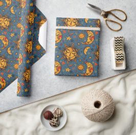 Papier Cadeau Stylisé Main Tirée Boho Sun Moon Stars Bleu