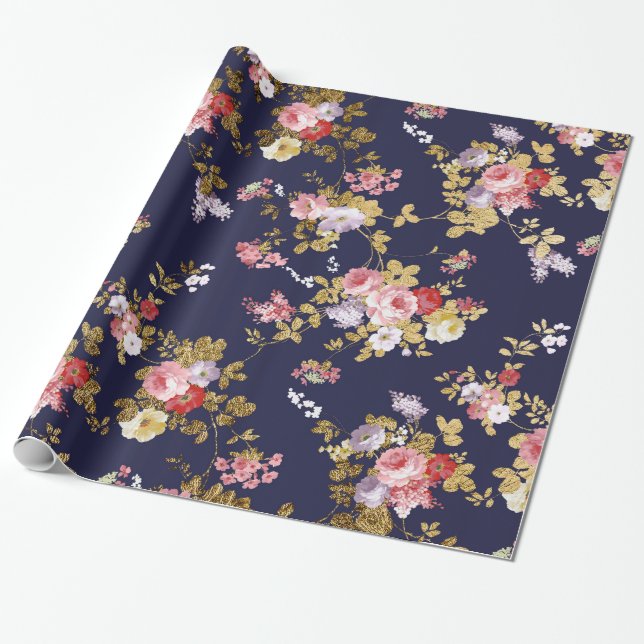 Papier Cadeau Stylish bleu marine or rose boho floral (Déroulé)