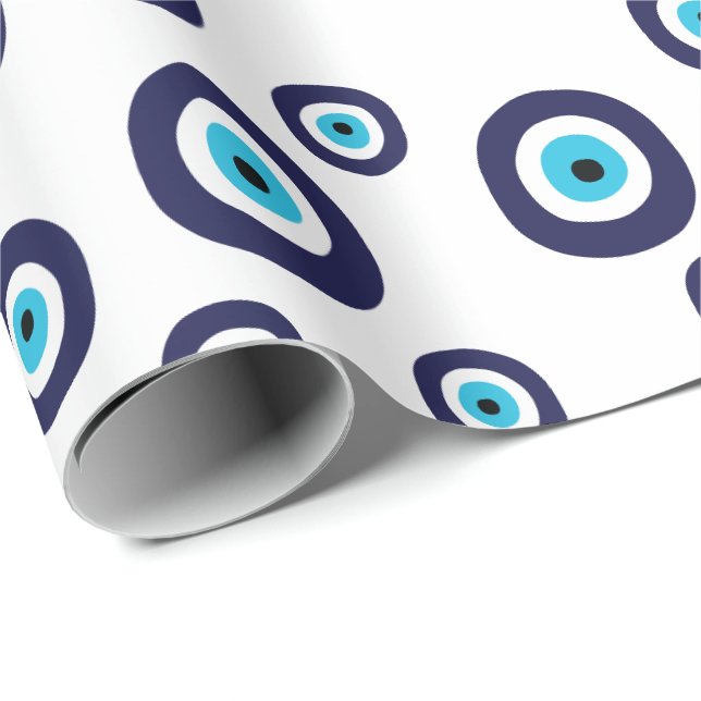 Papier Cadeau Stylo Nazar Navy bleu et Aqua Evil Eye Motif (Coin rond)