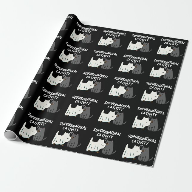Papier Cadeau Su-purr-naturelle Cativité Funny Cat Pun Dark BG (Déroulé)
