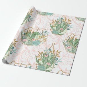 Papier Cadeau Succulentes scintillantes rose et menthe de printe