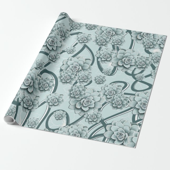 Papier Cadeau Succulents bleus à la menthe sur les treillis vert (Déroulé)