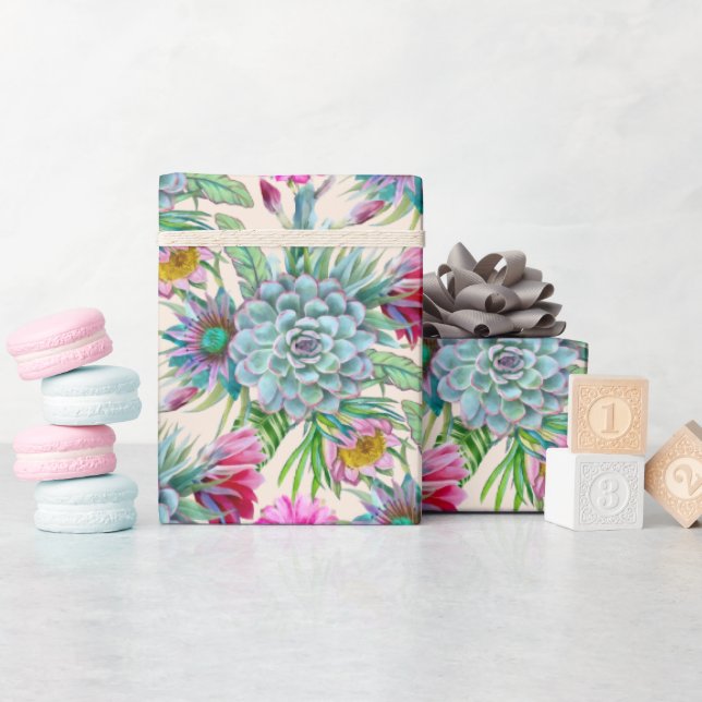 Papier Cadeau Succulents Echeveria Cactus Motif (Baby Shower)