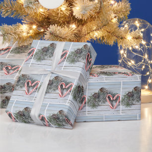 Papier Cadeau Sucre de canne Coeurs de Noël et pin