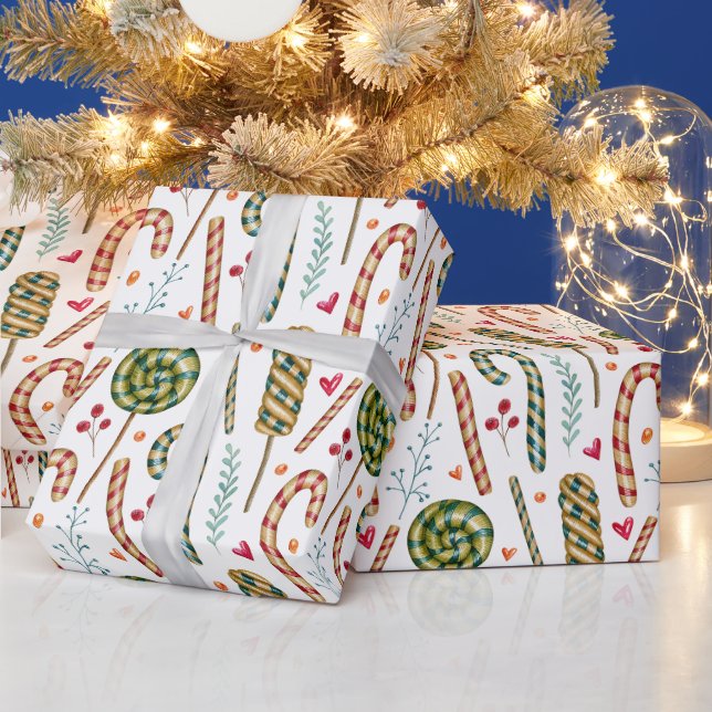 Papier Cadeau Sucre de canne de Noël, baies et sucreries (Vacances)