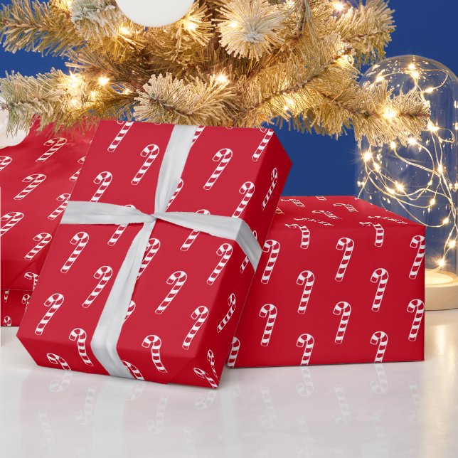 Papier Cadeau Sucre de canne de Noël moderne sur rouge (Vacances)