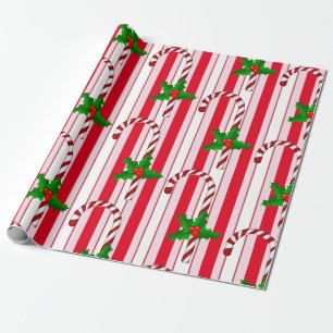Papier Cadeau Sucre de canne de Noël Stripes Holly Motif
