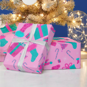 Papier Cadeau Sucre de canne de stockage de Noël rose présente