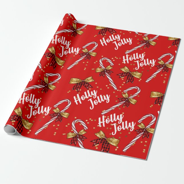 Papier Cadeau Sucre de canne Holly Jolly Enveloppe cadeau de Noë (Déroulé)