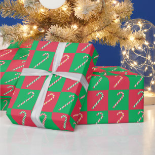 Papier Cadeau Sucre de canne moderne Noël rouge vert vérifié
