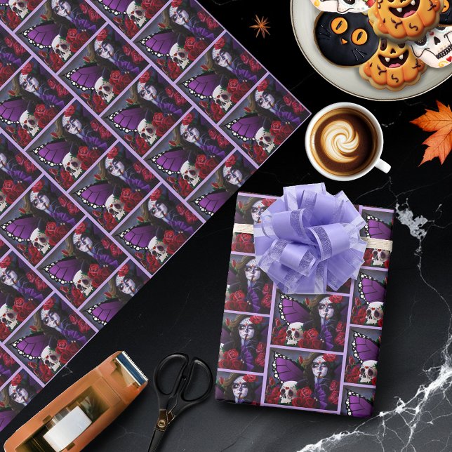 Papier Cadeau Sucre SKull Roses rouges violet (Créateur téléchargé)
