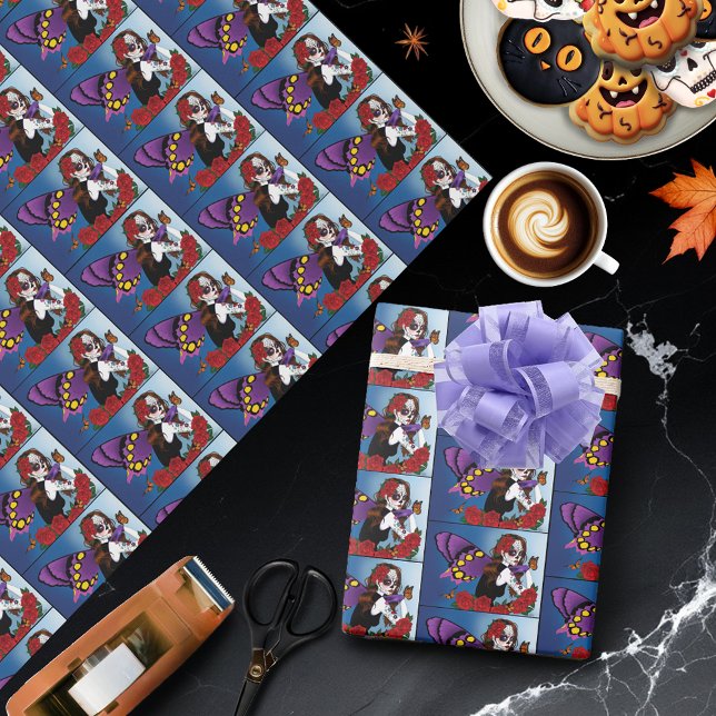 Papier Cadeau Sucre Violet Crâne Fée Roses Rouges Monarches Goth (Créateur téléchargé)