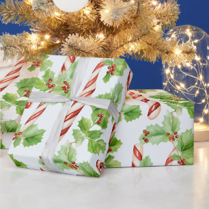 Papier Cadeau Sucres de canne Berries d'hiver Vert Noël moderne