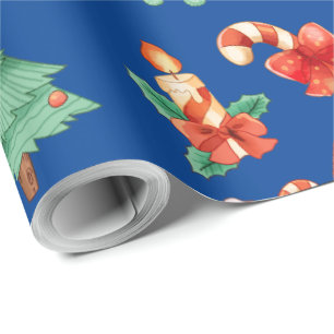 Papier Cadeau Sucres de canne de Noël, bougies et arbres