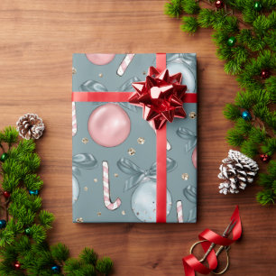 Papier Cadeau Sucres de canne d'ornements rose et vert Noël