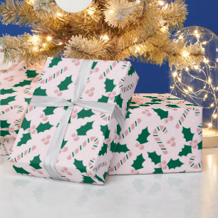 Papier Cadeau Sucres de canne roses et Motif Feuille Holly
