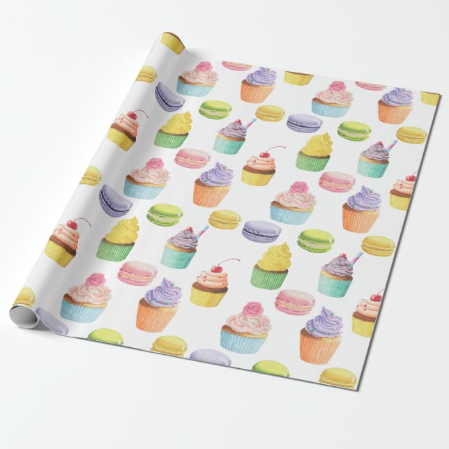 Papier Cadeau Sucres motifs cupcakes et macarons (Déroulé)