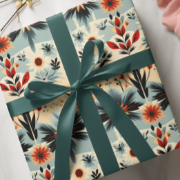 Papier Cadeau Sud-Ouest Rustique Floral Blues Brûlé Orange Reds