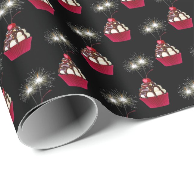 Papier Cadeau Sundae et Sparkler à la crème glacée sur noir (Coin rond)