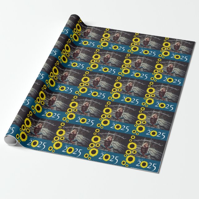Papier Cadeau Sunflowers Country Graduation Party Blue (Déroulé)