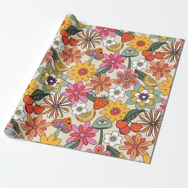Papier Cadeau Super des années 70, orange, rose et vert (Déroulé)
