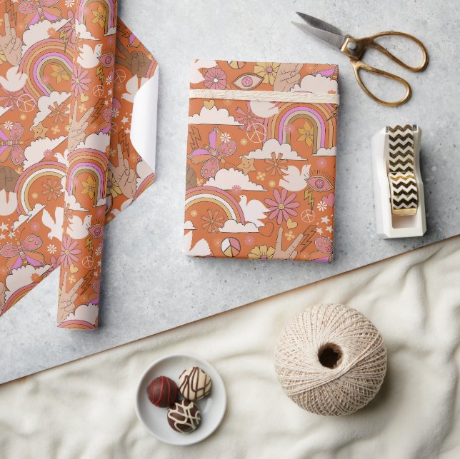 Papier Cadeau Super les années 70 rétro Hippie Paix Orange Bohèm (Artisanat)