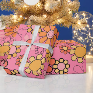 Papier Cadeau Super motif floral rétro 60s les années 70 rose