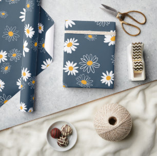 Papier Cadeau Superbe Marine Jaune Blanc Classique Fleurs de mar