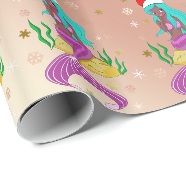 Papier Cadeau Superbe sirène de Noël flocons de neige or motif (Coin rond)