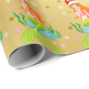 Papier Cadeau Superbe sirène de Noël flocons de neige or motif