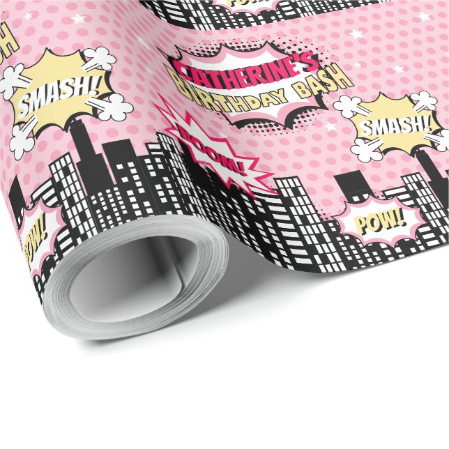 Papier Cadeau Superhero Comic Style de livre fille Anniversaire  (Coin rond)