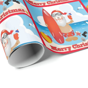 Papier Cadeau Surf Père Noël On Beach Joyeux Noël